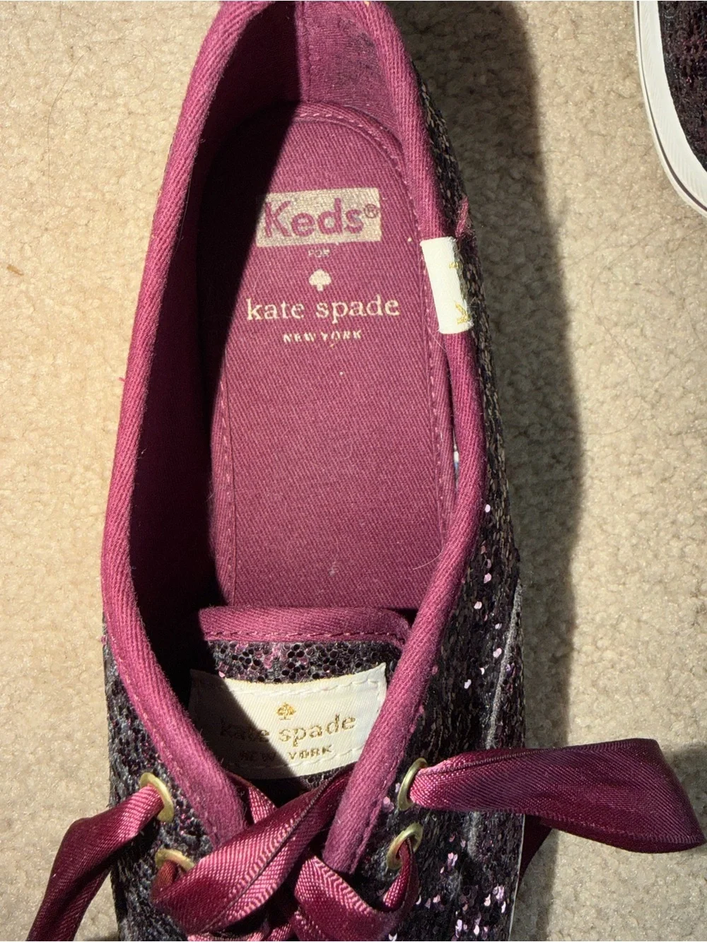 Keds x Kate Spade New York Womens 7.5 Burgundy Glitter Sparkle Sneakers Shoes